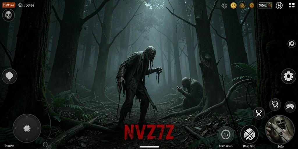 Tampilan antarmuka NV77 dalam suasana hutan gelap dan menegangkan.